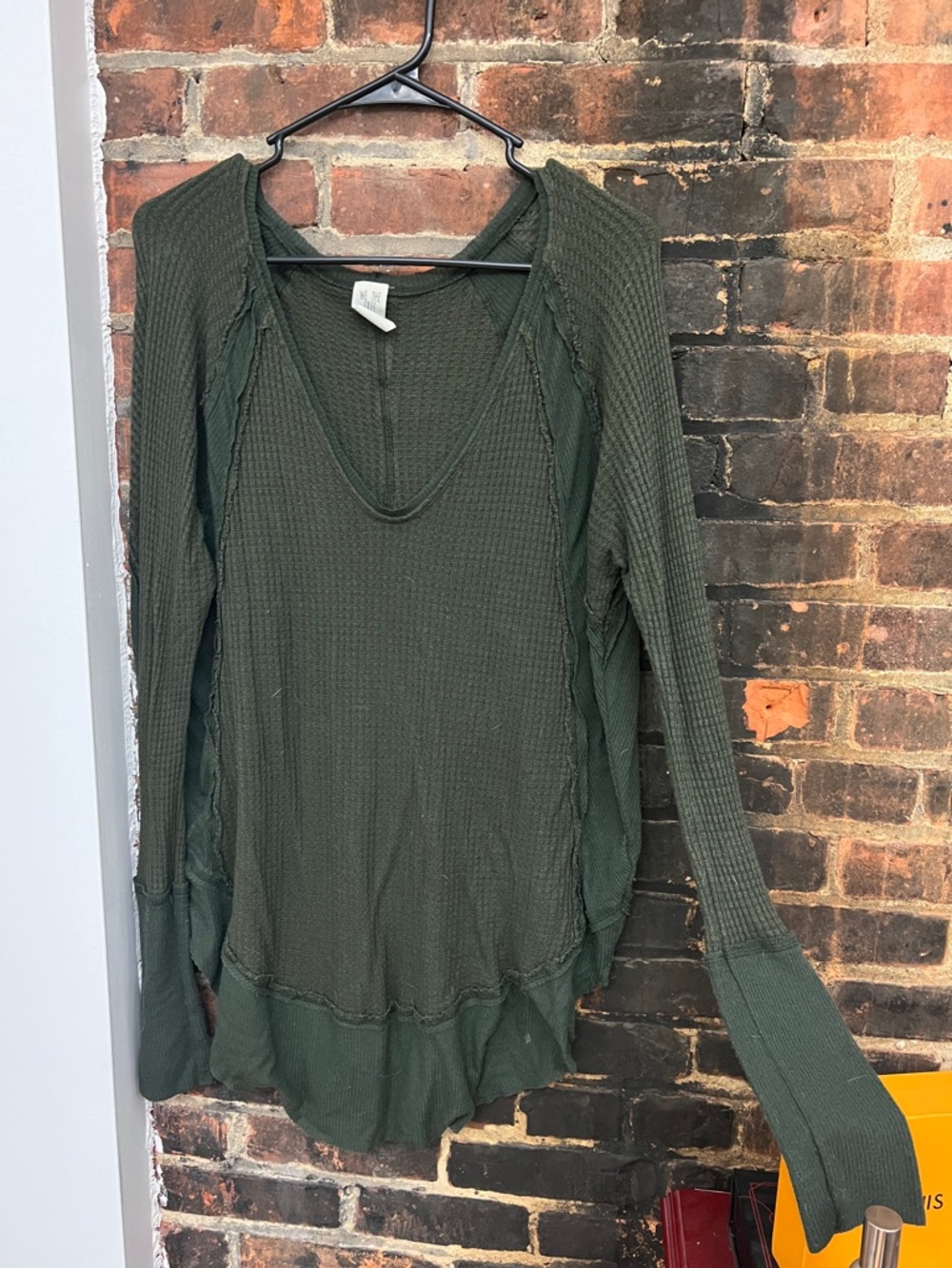 We The Free Olive Green Waffle Knit V-Neck Long Sleeve Top